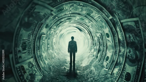 The currency conundrum. A man stands amidst a tunnel of money, symbolizing the financial crisis and debt slavery in modern society