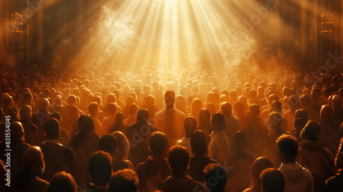concert audience illuminated by dramatic spotlights in a large venue