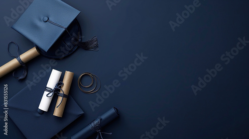 blue graduation cap or hat with degree paper , on blue card wallpaper, convocation concept , degree , invitation card