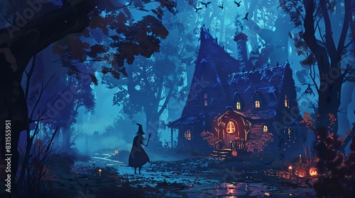 The photo shows a mysterious cottage hidden in a dark forest.