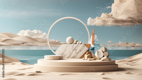 3D rendering of a marble podium in the middle of a sandy desert with a large hoop behind it