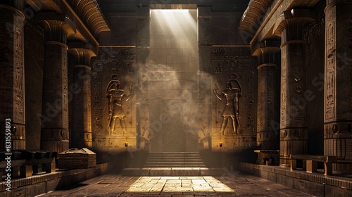 Ancient Egyptian Temple of Gods. An ancient temple with high columns, stairs, moonlight, twilight. History of Ancient Egypt