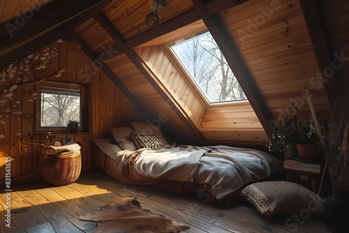 A cozy attic bedroom with slanted ceilings and a skylight.
