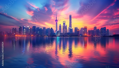 Dazzling city skyline at sunset, with skyscrapers illuminated against a colorful sky, and reflections on a calm river below