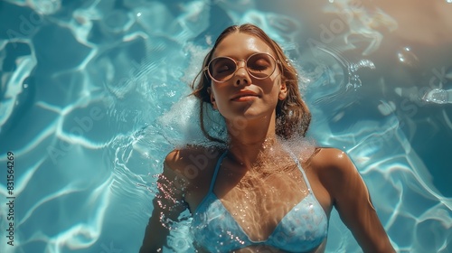 Woman Relaxing in Pool Water Sunlight