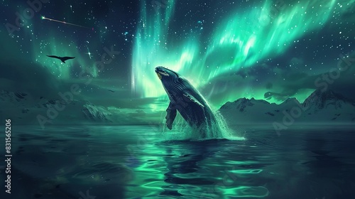 Humpback Whale Leaps with Dreamy Aurora Overhead
