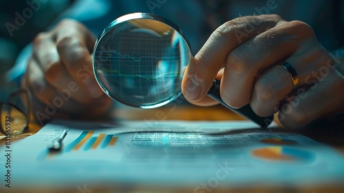 Close up of Hands with Magnifying Glass Examining Financial Documents, Data Visuals Behind