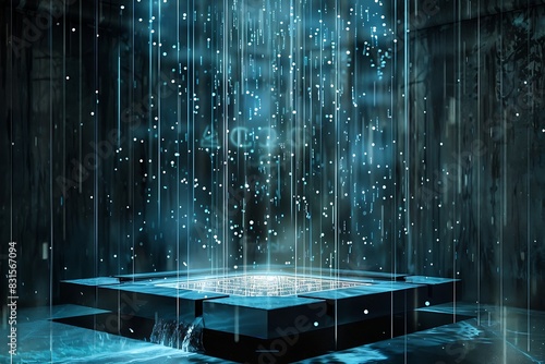 A depiction of a digital fountain where the water droplets are bits of data