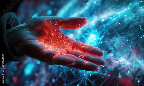 Human hand meeting digital cybernetic holographic display