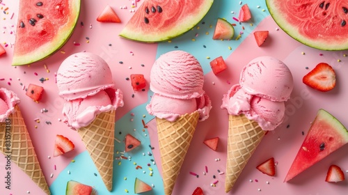 summer treats art, a vibrant summer treats mood board with ice cream cones, popsicles, and watermelon slices on a colorful background for poster design