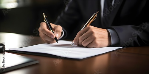 Businessman and lawyer signing contract with partner reviewing terms closely. Concept Business Partners, Contract Signing, Legal Agreement, Professional Collaboration