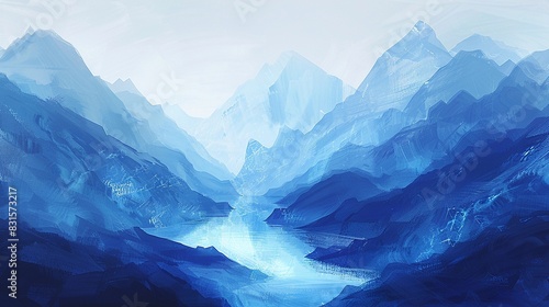 Abstract Landscape, An abstract landscape featuring mountains valleys and rivers rendered in shades of blue