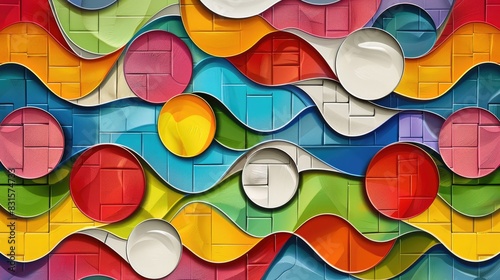 Pattern of seamless colorful wavy bricks with three circular concave shapes