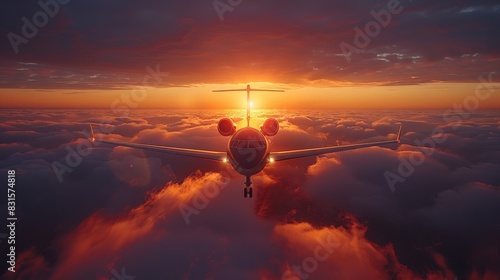 An airplane is centered with sunset light bathing the scene in a golden-orange hue, against a cloud-covered landscape