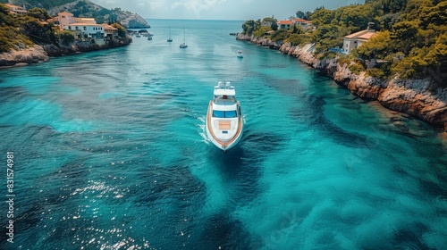 A luxury yacht navigates the clear blue sea through a scenic waterway bordered by lush greenery and cliffs