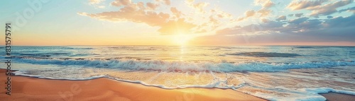 Beach Sunrise, a beautiful sunrise over a tranquil beach, with golden sand and gentle waves