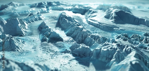 A detailed hologram of a frozen planet its surface covered in glaciers and ice caps.