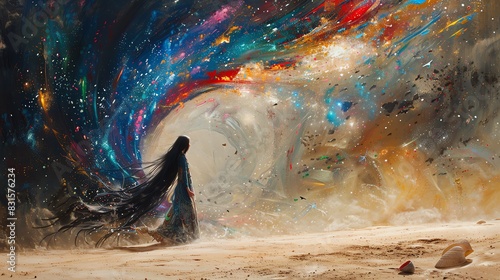 Woman in a long black dress walks through a cosmic portal.
