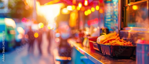 Street food stand at sunset with colorful lights and delicious snacks in the foreground. Blurry background with people and vehicles.