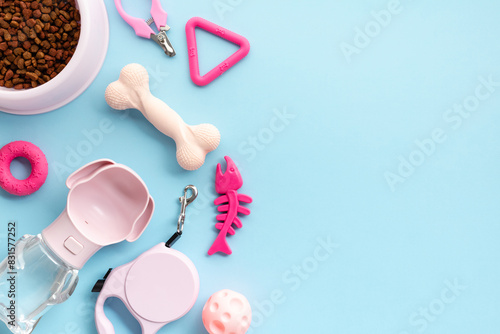 Set of pet supplies on light blue backdrop. Flat lay bowl filled with nutritious dry pet food, a playful pink rubber toy bone, a convenient pink retractable leash, a handy water bottle, whimsical toys