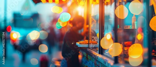 Vibrant street food market scene at dusk with colorful bokeh lights, creating a dreamy and lively urban atmosphere.