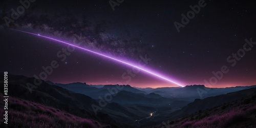 luminous glowing purple trail of shooting star on a dark night sky