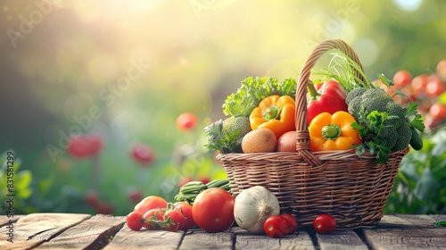 Fresh Harvest Basket, Variety of fresh vegetables in a wicker basket, Sunlit Garden