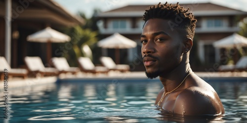 handsome african young guy on swimming pool at beach resort summer vacation