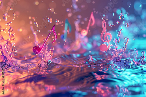 musical notes made of water, with pastel colors, background, Generative IA