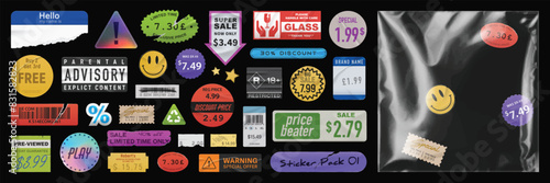 Trendy sticker pack with vinyl plastic wrap overlay. Vector sale and price vintage stickers. Torn retro labels and badges. Distressed elements.