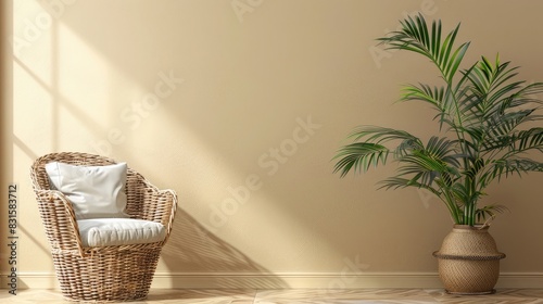 Living room with an empty beige wall with wicker rattan armchair and vase and a large green plant, copy space realistic hyperrealistic 