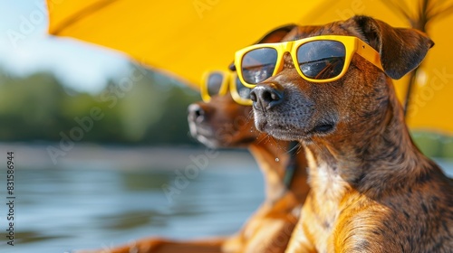 Dog days of summer canine relaxation under beach umbrella, embracing vacation vibes