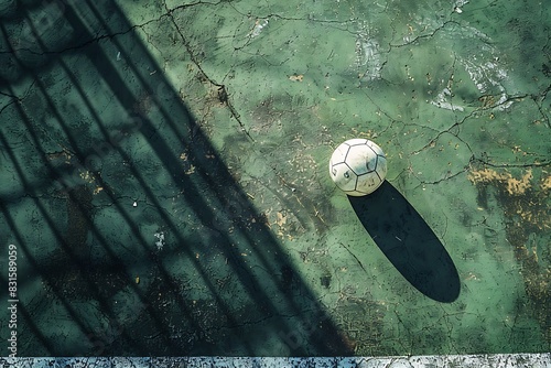 A symbolic representation of a penalty kick in soccer a ball poised on the edge of a goal, casting a long shadow.