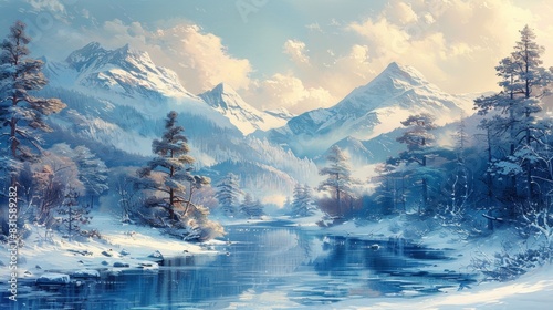 winter mountain landscape, a peaceful winter mountain scene depicted in an oil painting, showcasing snow-covered trees and a frozen river, capturing the serene beauty of nature
