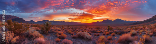 A beautiful sunset over a desert landscape. The sky is filled with clouds and the sun is setting, casting a warm glow over the land. The scene is serene and peaceful