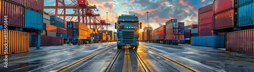 A large truck is driving down a road next to a large container yard. The sky is cloudy and the sun is setting