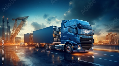 Blue truck transporting containers in an industrial area at dusk. Urban logistics and freight transport