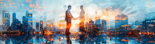 A man and a woman shake hands in front of a city skyline. Concept of professionalism and collaboration, as the two individuals are likely business partners or colleagues