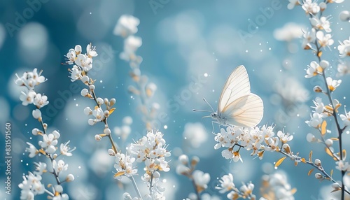 delicate white butterfly on soft white flower buds dreamy blurred blue background enchanting spring nature