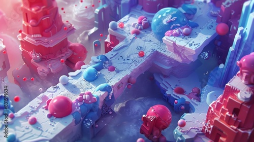 Colorful, surreal 3D landscape with floating platforms, whimsical shapes, and vibrant pastel hues creating an imaginative, dreamlike environment.