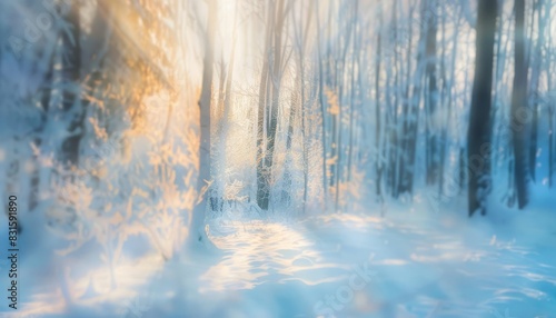 dreamy winter wonderland blurred snowy forest wide format background digital photograph