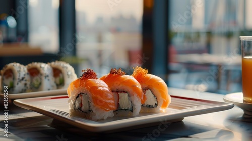 A plate of fresh sushi rolls with salmon sashimi on top, served at a modern restaurant with a scenic view.
