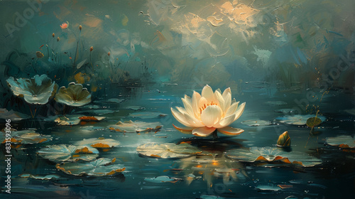 an oil painting depicts the serene elegance of a lotus flower, evoking a sense of calm and purity in line with zen philosophy