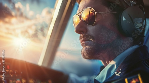 Pilot in cockpit wearing sunglasses, navigating a plane during sunset with sunlight streaming through the windscreen, serene sky backdrop.