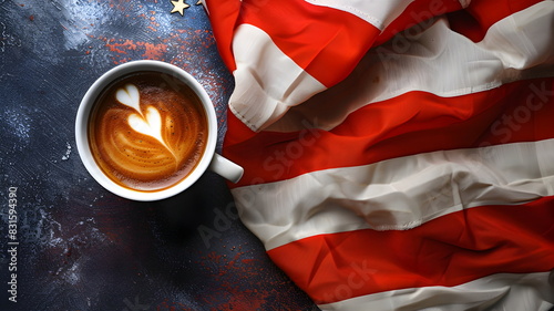 Cup of coffee on background of American flag
