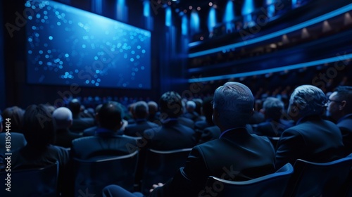 A group of lawmakers gather in an auditorium watching a video presentation that combines data visualizations and expert testimony to inform their decisions on immigration policy.