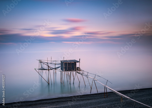 Fishing piers made of wood on the Marmara Sea coast of Tekirdağ