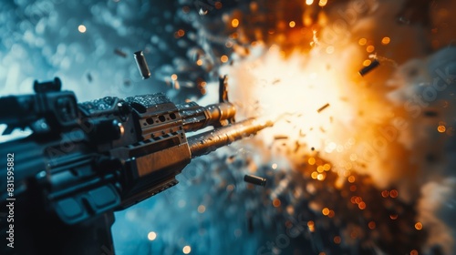 Close-up of a firearm discharging, with vibrant sparks and spent cartridges flying, illustrating intense action and dynamic energy.