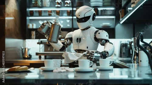 Robot serving coffee in a modern kitchen setting AI generated
