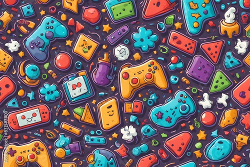 A colorful background with cartoon characters and game controllers